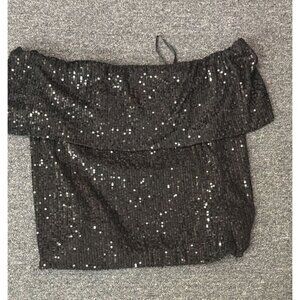 Premier Amour Black Sequin Top Womens L Large Off Shoulder Ruffle Party Blouse